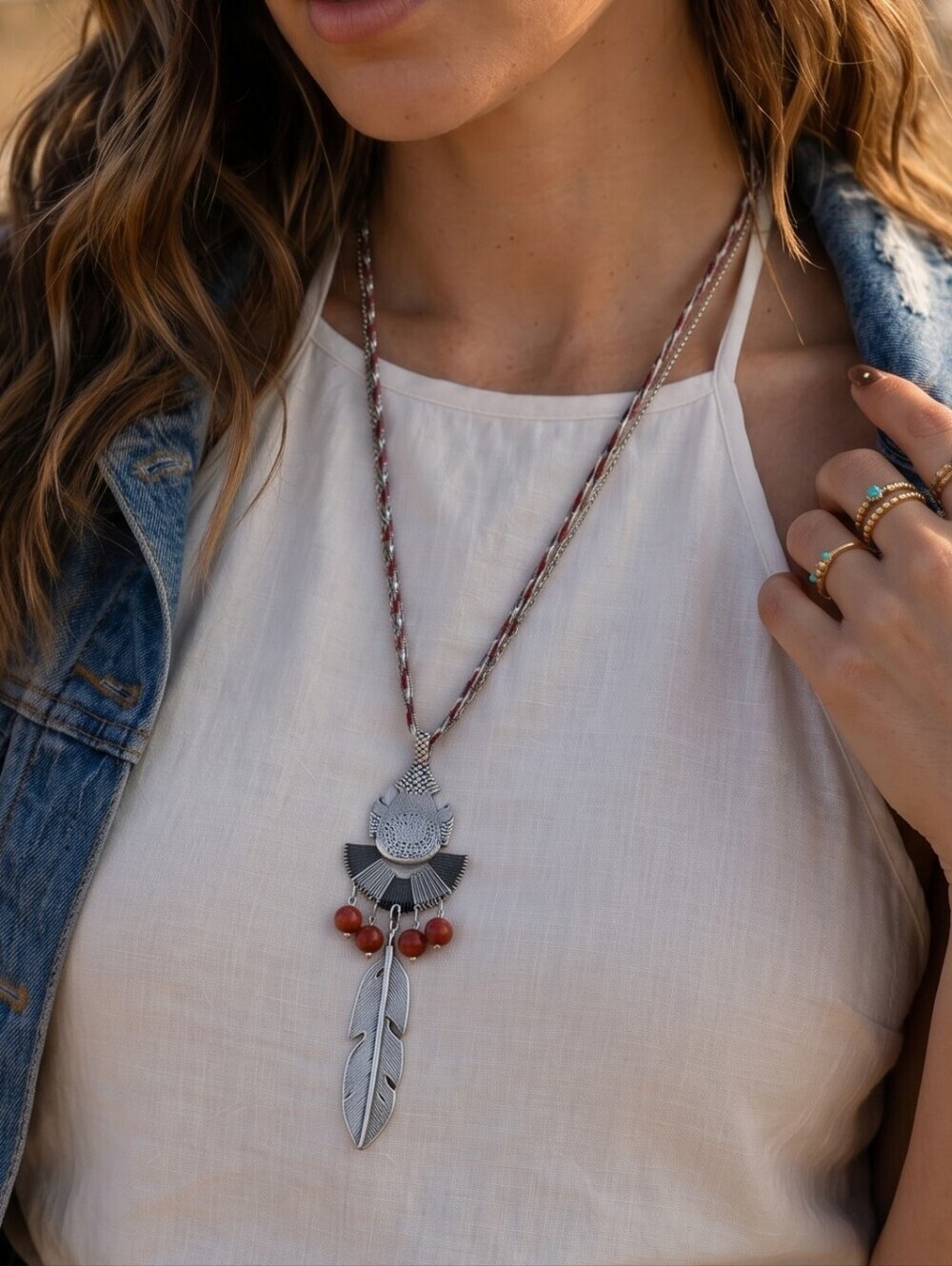 Silver Feather Pendant Boho Necklace Braided Cord Western Santa Fe Fringe 22"